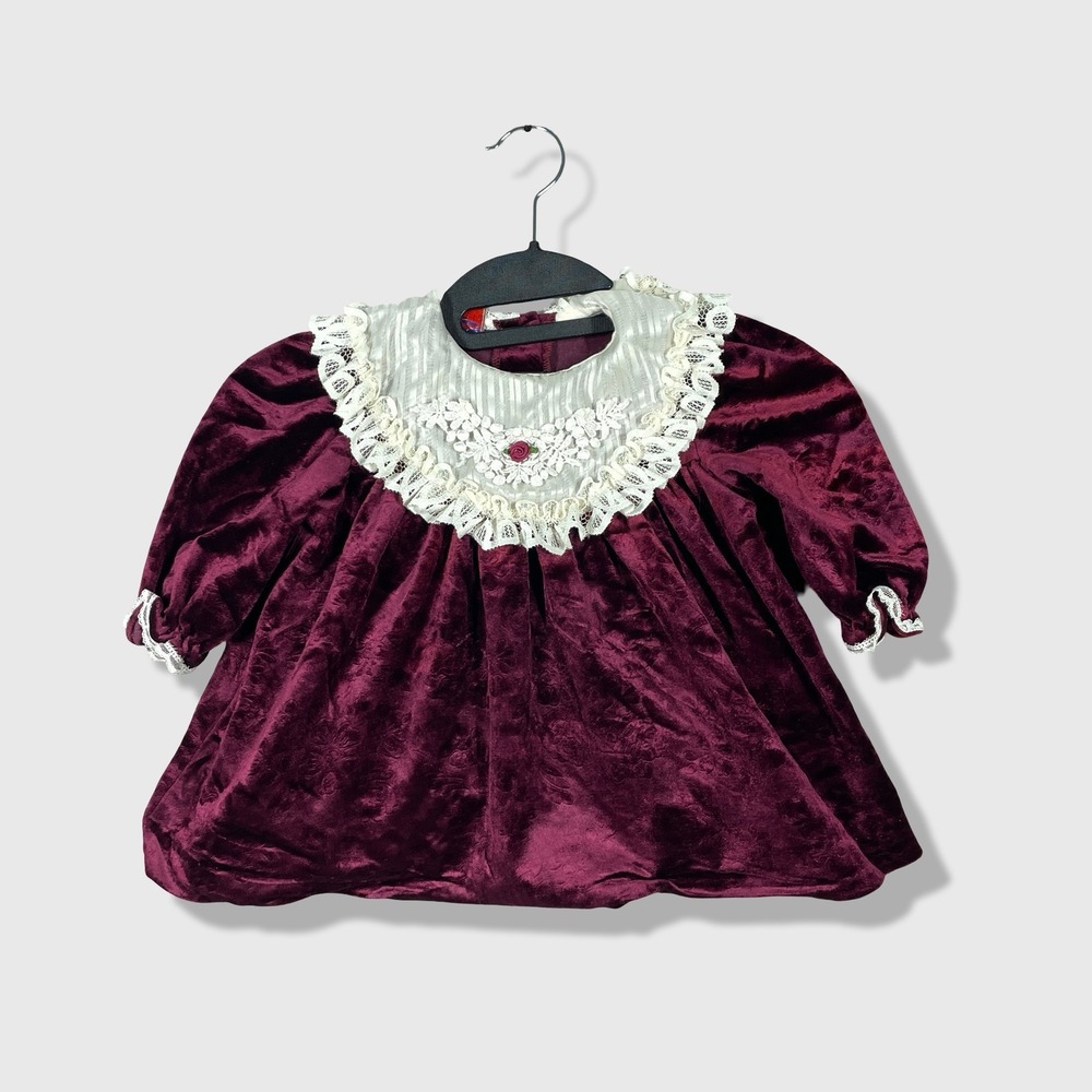 Rare Editions Velvet Dress Baby Girls 18M Burgundy Vintage Lace Holiday Gothic